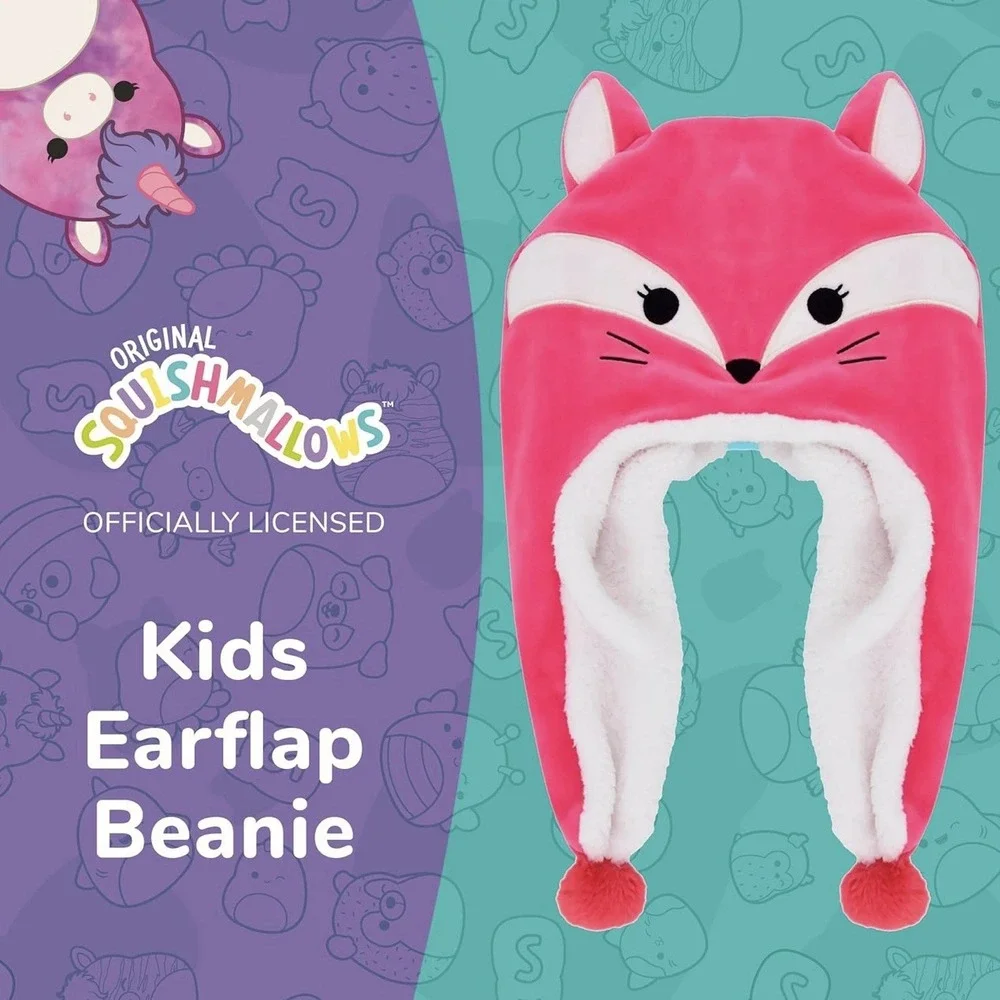 Girls Squishmallows Pink FIFI Fox Embroidered Face‎ Winter Beanie Knit Cap Hat